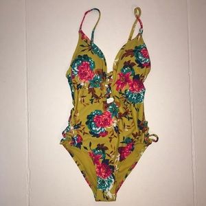 NWOT Xhilaration yellow floral lace up one piece swim bathing suit for women